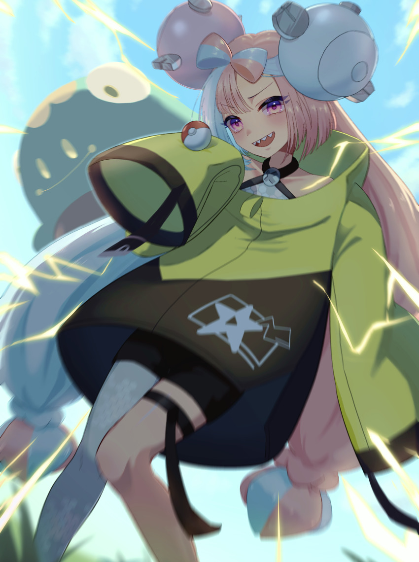 1girl :d absurdres bellibolt black_shorts blue_hair blurry blush character_hair_ornament cloud commentary_request day electricity grey_pantyhose hair_ornament highres iono_(pokemon) jacket long_hair multicolored_hair nagi-negitoro nintendo open_mouth outdoors pantyhose pokemon pokemon_(creature) pokemon_sv purple_eyes sharp_teeth shirt shorts single_leg_pantyhose sky sleeveless sleeveless_shirt smile teeth thigh_strap twintails two-tone_hair upper_teeth_only yellow_jacket