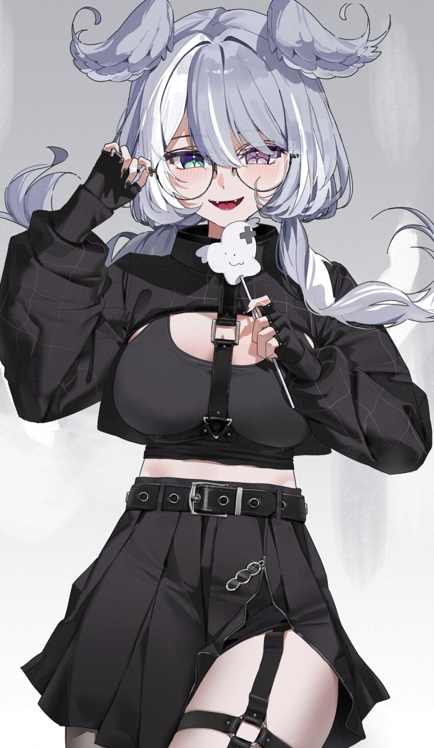 1girl absurdres adjusting_eyewear aqua_eyes black_skirt blue_hair blush breasts chest_harness cleavage d4kou16 elira_pendora elira_pendora_(goth) fangs fingerless_gloves glasses gloves hair_between_eyes harness head_wings heterochromia highres large_breasts long_hair midriff nijisanji nijisanji_en pleated_skirt purple_eyes skirt smile solo virtual_youtuber wings