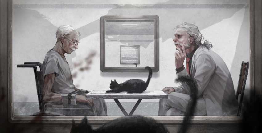 2boys aged_up artist_request beard black_cat black_shirt cat chair chanasykine chinese_commentary crossed_legs disco_elysium facial_hair from_side glasses hand_on_own_face harry_du_bois jacket kim_kitsuragi looking_at_another multiple_boys necktie old old_man on_chair red_necktie reflection restrained shirt sitting stationary_restraints table wheelchair white_hair white_jacket