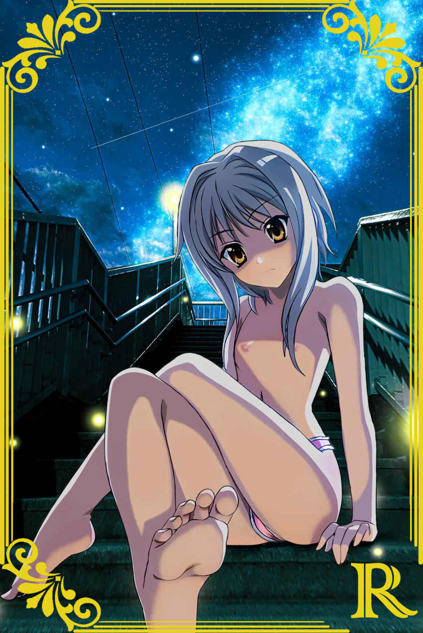 ass barefoot high_school_dxd highres nipples nude toujou_koneko white_hair yellow_eyes