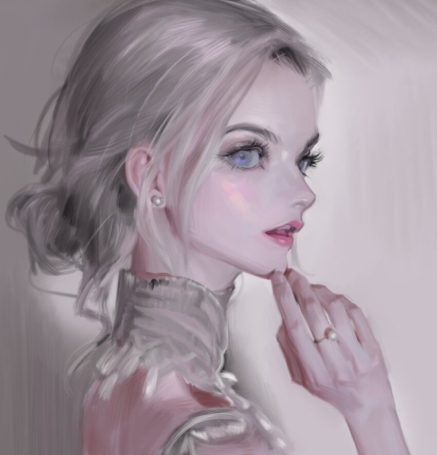 1girl blonde_hair bm94199 earrings hair_ornament hairpin jewelry lips long_hair open_mouth original purple_eyes ring solo