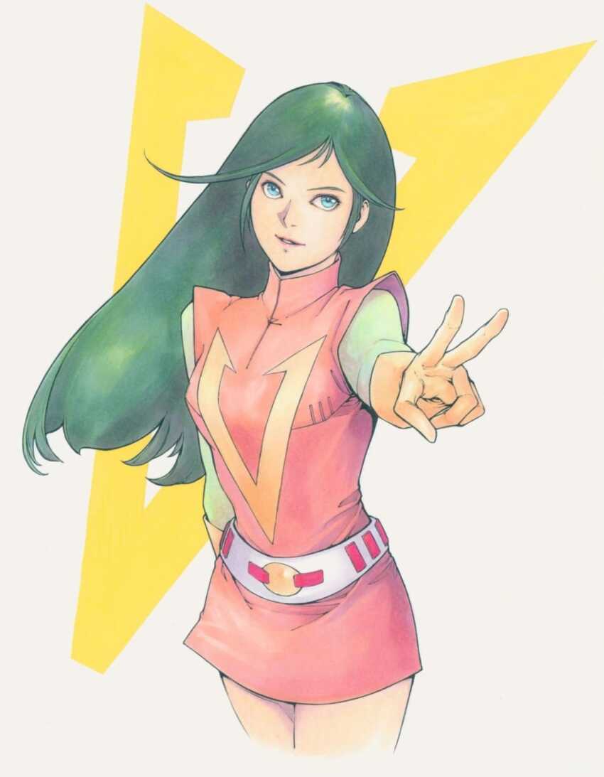 1girl andy_seto blue_eyes breasts chinese_commentary choudenji_robo_combattler_v commentary cowboy_shot cropped_legs dress english_commentary gloves green_hair green_shirt highres long_hair marker_(medium) medium_breasts mixed-language_commentary nanbara_chizuru parted_lips pink_dress pink_lips shirt short_dress solo traditional_media v yellow_gloves