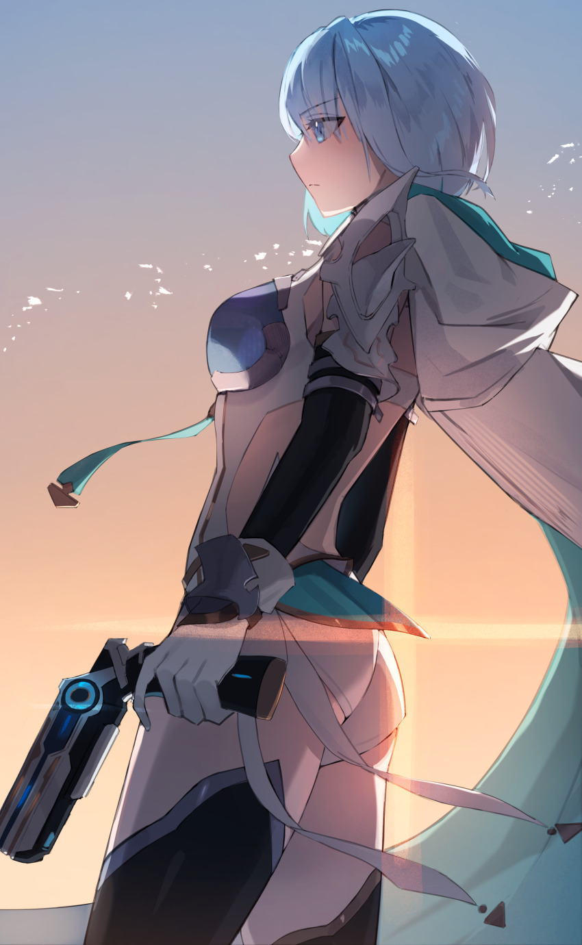 1girl absurdres aoshi_29 aqua_cape backlighting bare_shoulders black_sleeves blue_eyes blue_hair bodysuit breasts cape cowboy_shot detached_sleeves dreizehn_(shadowverse) from_side gloves gun highres holding holding_gun holding_weapon medium_hair shadowverse sky solo two-sided_cape two-sided_fabric weapon white_bodysuit white_cape white_gloves
