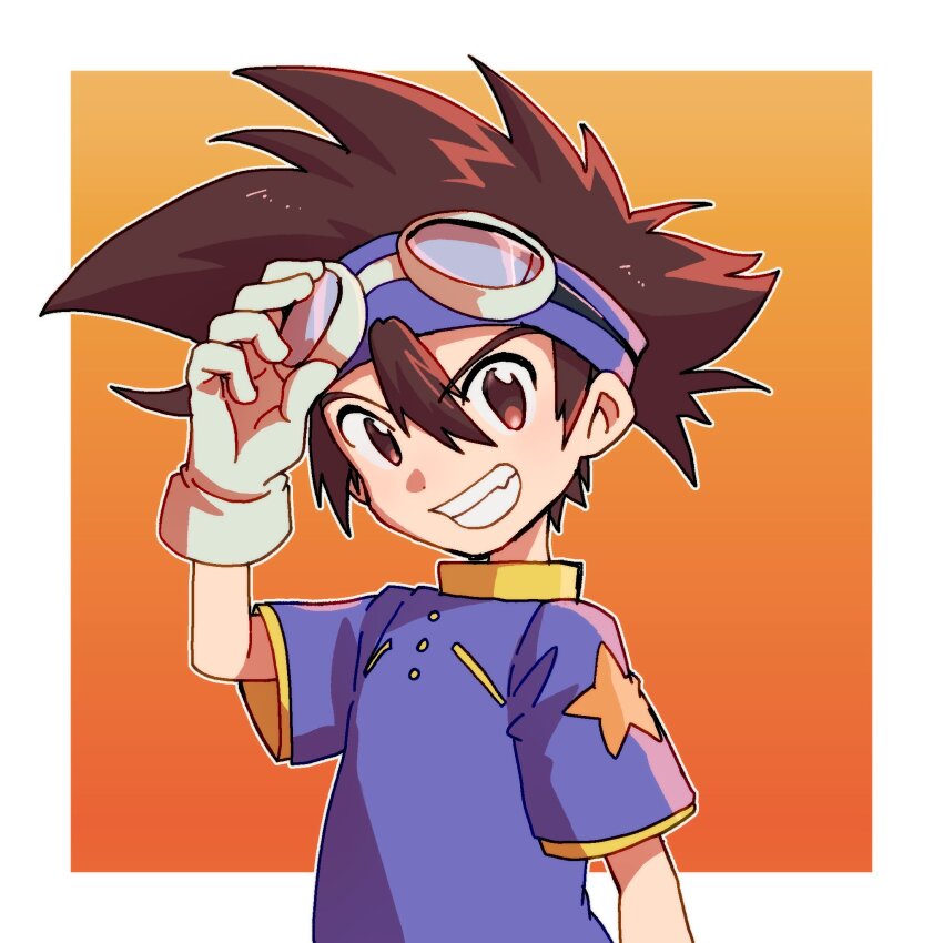 1boy adjusting_goggles blue_headband blue_shirt border brown_eyes brown_hair digimon digimon_adventure gloves goggles goggles_on_head gradient_background headband highres male_focus megane_mochi orange_background print_shirt shirt simple_background solo star_(symbol) star_print upper_body white_border white_gloves yagami_taichi