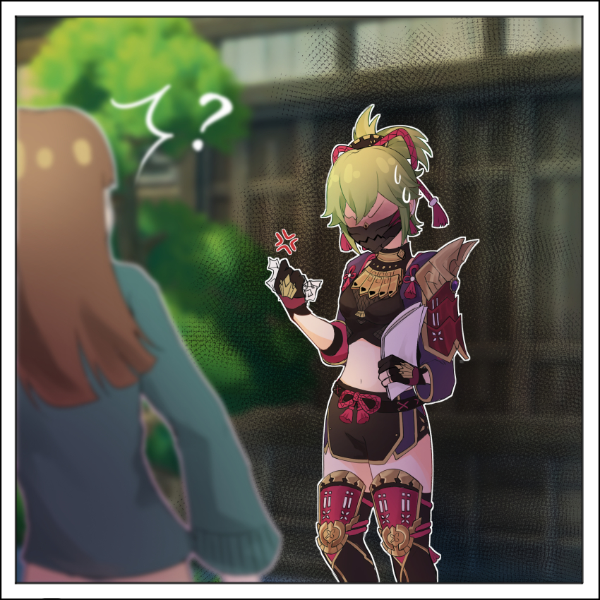 1koma 2girls 3d_background anger_vein angry armor blurry clenched_hand comic commentary depth_of_field english_commentary fingerless_gloves genshin_impact giving gloves green_hair hafuku hair_ornament highres holding holding_paper japanese_clothes kuki_shinobu long_hair long_sleeves mask mouth_mask multiple_girls navel ninja pamphlet paper parted_bangs ponytail shoulder_armor sidelocks silent_comic solo stomach sweatdrop thighhighs v-shaped_eyebrows visible_air wind zettai_ryouiki