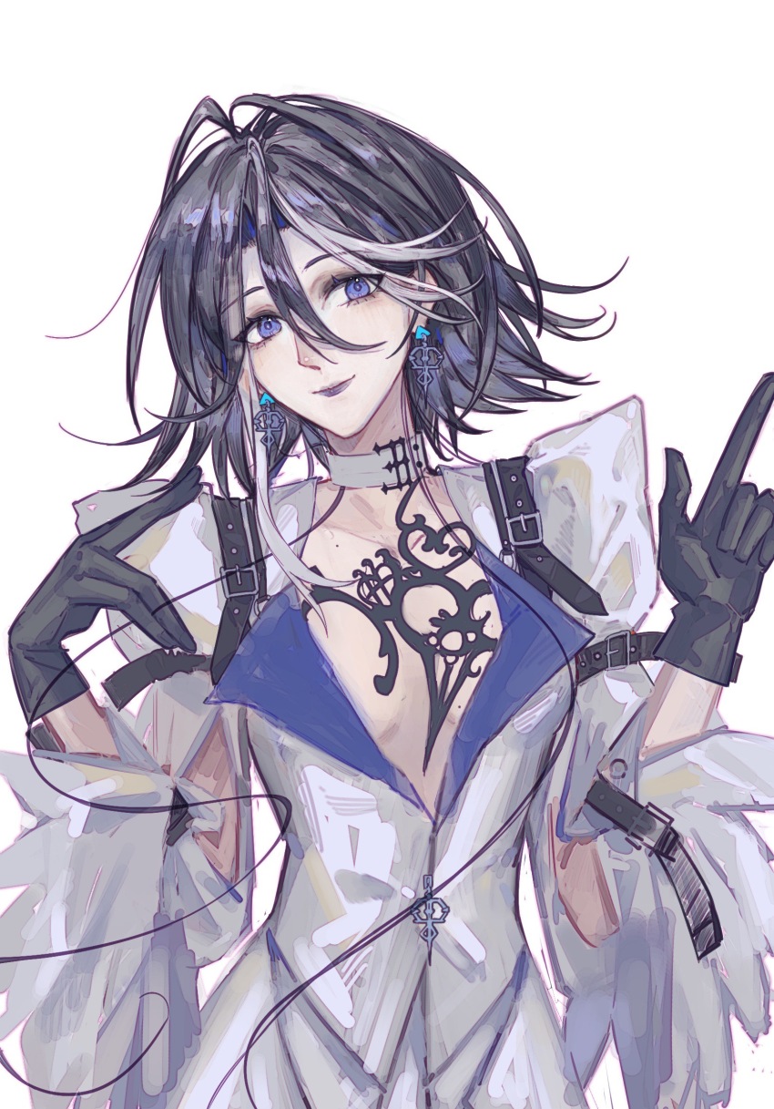 1girl adela_(path_to_nowhere) black_gloves black_hair blazer blue_eyes breasts chinese_commentary choker commentary earrings gloves hair_between_eyes highres index_finger_raised jacket jewelry juliet_sleeves long_sleeves looking_at_viewer luzeqi13483 medium_hair mole mole_on_breast multicolored_hair no_bra path_to_nowhere puffy_sleeves purple_lips simple_background smile solo streaked_hair upper_body white_background white_choker white_jacket