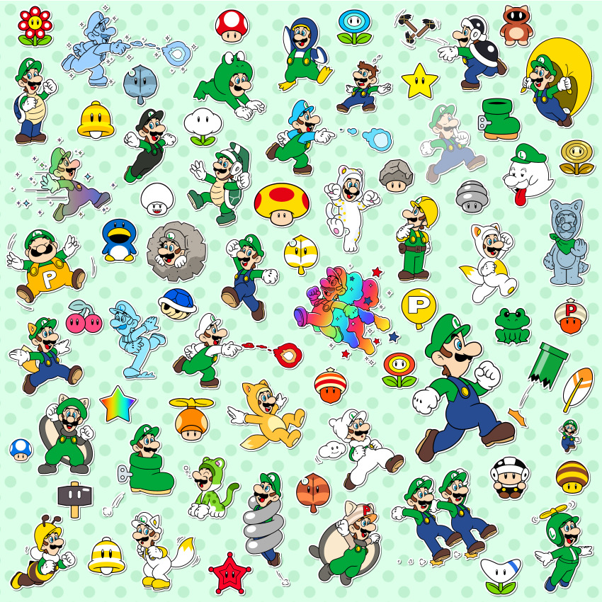 absurdres animal_ears balloon_luigi bee_luigi boo_luigi boomerang boomerang_flower boomerang_luigi boots builder_luigi cape cape_feather cape_luigi cat_luigi clone cloud_luigi cosmic_luigi costume double_cherry fire_flower fire_luigi flying flying_squirrel_luigi fox_luigi frog_luigi golden_mushroom hammer_luigi hat highres ice_luigi invisible invisible_flower invisible_luigi jumping kitsune_luigi kuribo&#039;s_shoe luigi mario_(series) mega_luigi mega_mushroom new_super_mario_bros. new_super_mario_bros._2 new_super_mario_bros._u new_super_mario_bros._u_deluxe new_super_mario_bros._wii nintendo on_model overalls penguin_luigi penguin_suit power-up propeller_luigi raccoon_luigi rock_luigi rukisan_1117 running shell shell_luigi shirt shoes silver_luigi super_bell super_leaf super_mario_3d_land super_mario_3d_world super_mario_3d_world_+_bowser&#039;s_fury super_mario_64_ds super_mario_bros._1 super_mario_bros._3 super_mario_galaxy super_mario_galaxy_2 super_mario_maker_2 super_mario_world super_mushroom super_star_(mario) tail