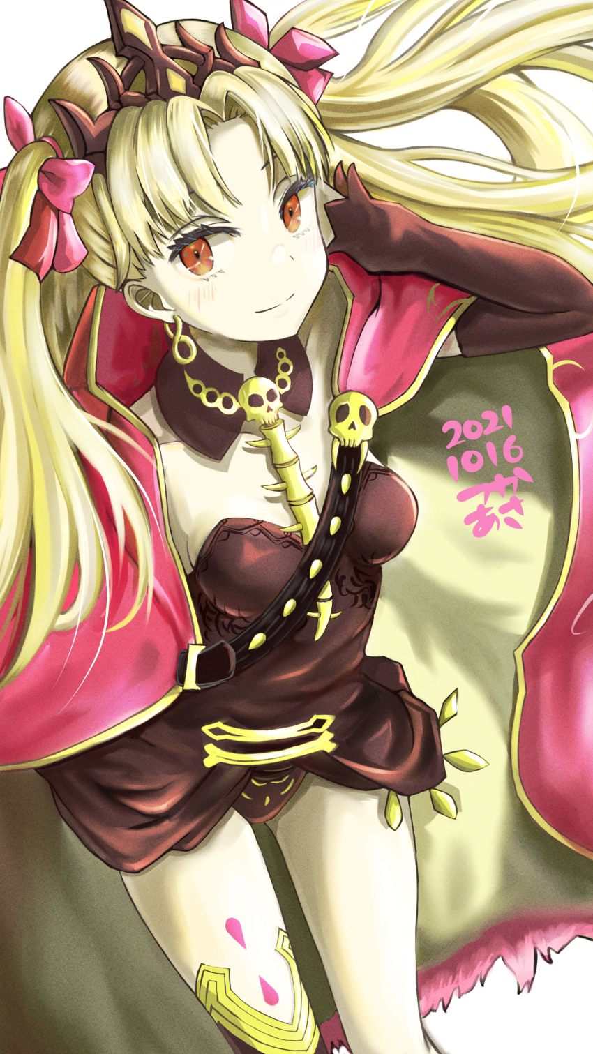 1girl absurdres asymmetrical_legwear belt black_belt black_collar black_dress black_panties black_sleeves blonde_hair bone_ornament bow breasts cape closed_mouth collar commentary_request dated detached_collar detached_sleeves dress earrings ereshkigal_(fate) fate/grand_order fate_(series) gold_earrings gold_trim hair_bow hair_ornament highres jewelry light_blush long_hair looking_at_viewer mismatched_legwear orange_eyes panties pink_bow pink_cape simple_background skull_ornament sleeveless sleeveless_dress smile solo strapless strapless_dress tsukaasa underwear white_background