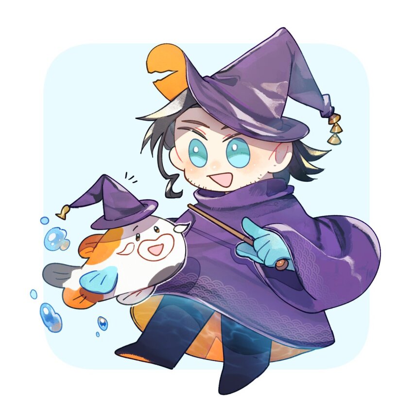 1boy beard_stubble black_hair black_pants blue_eyes chibi chibi_only commentary english_commentary facial_hair fish flying_fish full_body happy hat highres holding holding_wand holostars holostars_english josuiji_shinri koi koipanion_(josuiji_shinri) licwiz_1103 male_focus open_mouth pants purple_robe robe solo stubble virtual_youtuber wand wizard wizard_hat