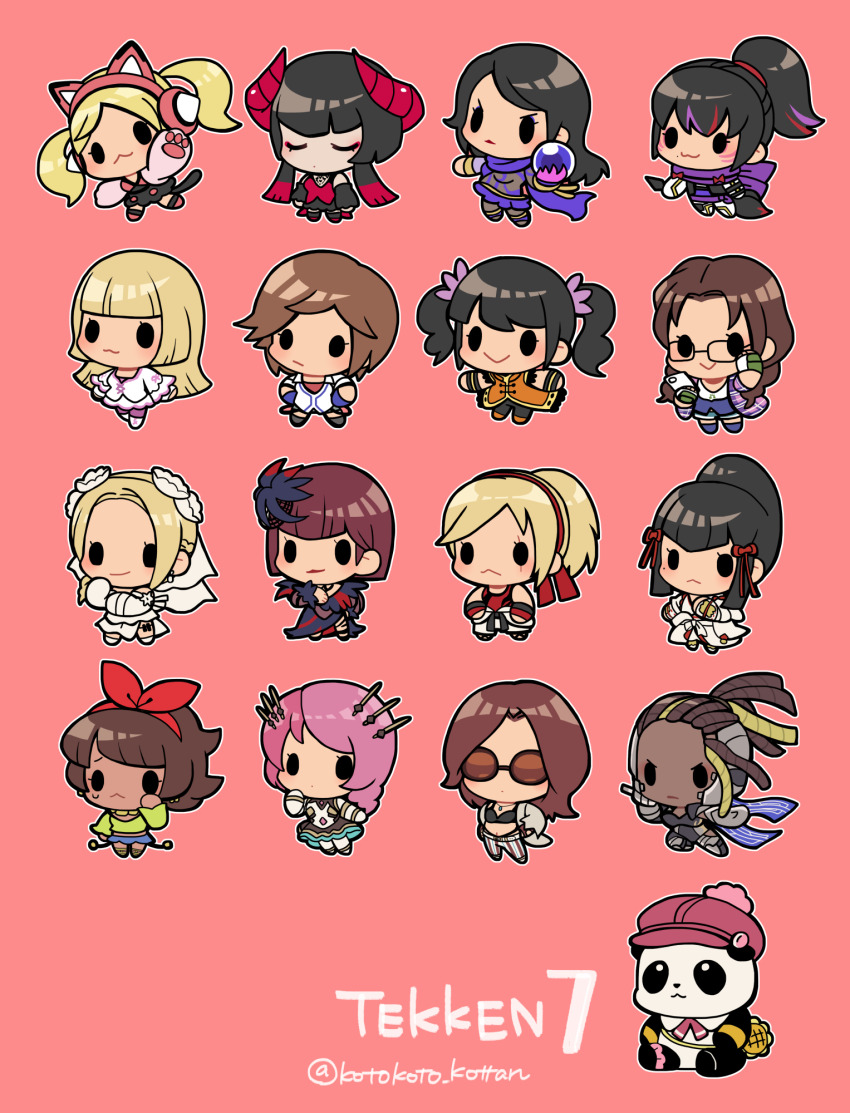 6+girls :&gt; :&lt; alisa_boskonovich animal_ear_headphones animal_ears animal_hands anna_williams black_dress black_eyes black_hair blonde_hair blunt_bangs blush bow_hairband brown_hair cat_tail cellphone chibi chinese_clothes closed_mouth copyright_name crying crystal_ball dark-skinned_female dark_skin dreadlocks dress eliza_(tekken) emilie_de_rochefort everyone facial_mark fake_animal_ears full_body glasses hairband hand_to_own_mouth hands_on_own_hips headphones highres holding holding_phone horns jacket japanese_clothes josie_rizal julia_chang katarina_alves kazama_asuka kimono kotorai kunai kunimitsu_ii lidia_sobieska ling_xiaoyu lipstick long_hair long_sleeves looking_ahead makeup master_raven mishima_kazumi_(tekken) mole mole_under_eye multicolored_hair multiple_girls nina_williams no_nose panda_(tekken) phone pink_background pink_hair pink_headwear pink_ribbon ponytail purple_scarf red_horns red_ribbon ribbon sad scarf shirt short_hair smartphone smile solid_oval_eyes streaked_hair sunglasses tail tekken tekken_7 twitter_username waving weapon whisker_markings white_dress white_jacket white_kimono yellow_shirt zafina