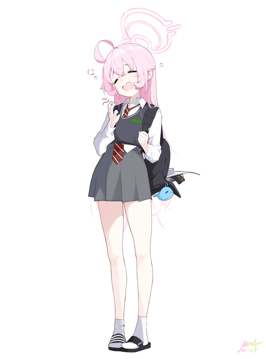 absurdres alternate_costume blue_archive closed_eyes grey_skirt grey_sweater_vest halo highres hoshino_(blue_archive) looking_at_viewer mona_kkkk necktie pink_hair pink_halo red_necktie school_uniform shirt simple_background skirt socks sweater_vest thighs two-tone_necktie white_background white_necktie white_shirt white_socks