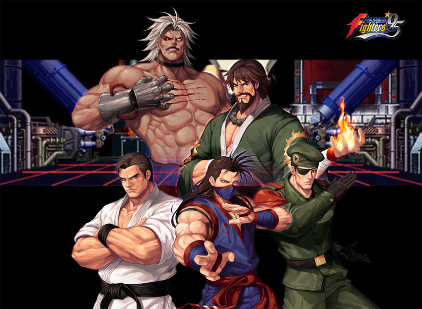 5boys abs arm_wrap bare_pectorals beard belt beret biceps black_belt black_choker black_gloves black_hair bleeding blood blue_eyes brown_eyes brown_hair cable choker closed_mouth collarbone commentary_request copyright_name cowboy_shot crossed_arms dougi earrings emblem evilgun eyepatch facial_hair fighting_stance fingerless_gloves fingernails fire fishnets gloves glowing glowing_eye green_headwear green_jacket green_kimono green_pants grin hand_under_clothes hat heidern heterochromia jacket japanese_clothes jewelry kimono kisaragi_eiji kusanagi_saishu large_pectorals lips logo long_hair long_sideburns long_sleeves looking_at_viewer male_focus martial_arts_belt mask mechanical_arms military military_hat military_jacket military_uniform mouth_mask multiple_boys muscular muscular_male mustache ninja ninja_mask nipples omega_rugal pants parted_lips pectoral_cleavage pectorals print_kimono pyrokinesis red_belt red_eyes rugal_bernstein ryuuko_no_ken self-harm serious short_hair sideburns single_mechanical_arm sleeves_rolled_up smile smug standing stomach sun_print takuma_sakazaki teeth the_king_of_fighters the_king_of_fighters_&#039;95 thick_eyebrows topless_male transparent veins white_eyes white_hair wide_sleeves wristband