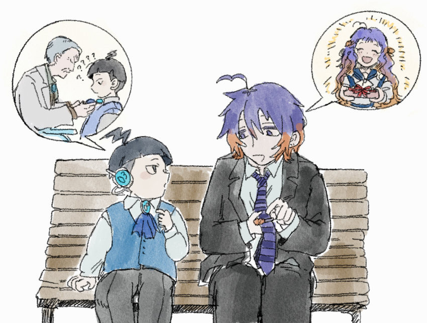 1girl 3boys ahoge android ascot bench black_eyes black_hair black_jacket black_pants black_suit blue_ascot blue_vest blush bowl_cut brooch call_of_cthulhu coat collared_shirt commentary_request feet_out_of_frame formal_clothes fujimura_kirara fujimura_saki gift giving gradient_hair grey_hair happy_aura hibimeguru5 highres jacket jewelry kaikou_(trpg_scenario) lab_coat long_hair looking_at_another mitsurugi-hakase multicolored_hair multiple_boys napoli_no_otokotachi necktie old old_man on_bench open_mouth orange_hair pants park_bench pointing purple_hair purple_necktie robot_ears shikimitsu_(napoli_no_otokotachi) shirt short_hair side-by-side simple_background sitting smile spoken_character striped_necktie suit talking very_short_hair vest white_background white_coat white_shirt