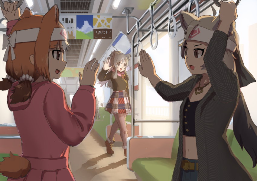 3girls animal_ears bear_ears bear_girl bear_tail bergman&#039;s_bear_(kemono_friends) black_shirt black_sweater blush brown_eyes brown_hair casual coat collarbone crop_top denim extra_ears ezo_brown_bear_(kemono_friends) grey_coat grey_hair grey_pantyhose headband jeans jewelry kemono_friends kemono_friends_3 kodiak_bear_(kemono_friends) long_coat long_hair long_sleeves midriff multicolored_hair multiple_girls navel necklace official_alternate_costume open_clothes open_coat pants pantyhose pink_scarf pink_skirt pink_sweater plaid_clothes plaid_skirt pleated_skirt scarf shirt short_hair short_twintails sidelocks skirt sweater tail train twintails two-tone_hair white_hair yumeumi_sousaku