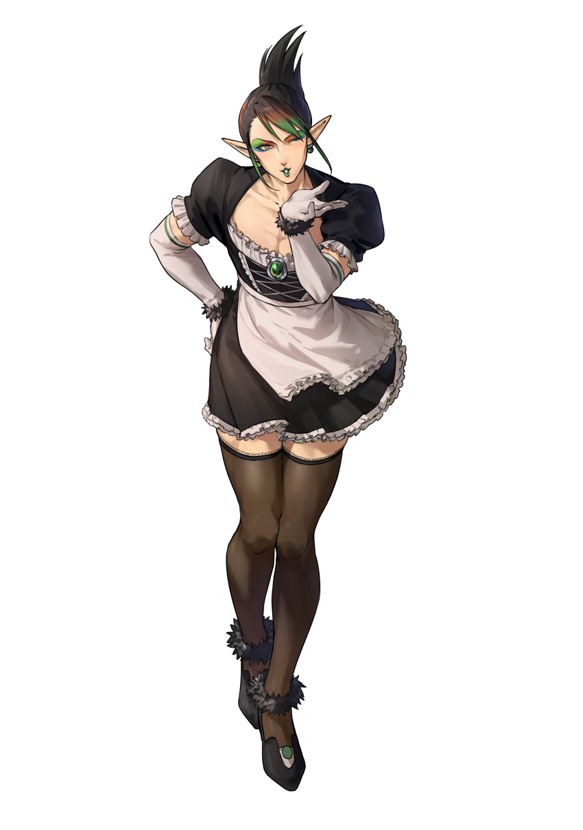 1boy absurdres apron black_dress black_hair black_shoes black_thighhighs blowing_kiss blue_eyeshadow brown_hair commentary_request crossdressing crossdressing_(mtf) dress earrings elbow_gloves eyeshadow frilled_apron frills full_body gloves green_eyeshadow green_hair green_lips hanabatake_chaika hanabatake_chaika_(1st_costume) hand_on_own_hip highres jewelry maid maid_apron makeup male_focus male_maid multicolored_eyeshadow multicolored_hair nijisanji one_eye_closed orange_eyeshadow pointy_ears puffy_short_sleeves puffy_sleeves shoes short_sleeves simple_background solo thighhighs tone_haruma transparent_background virtual_youtuber white_apron white_gloves yellow_eyes