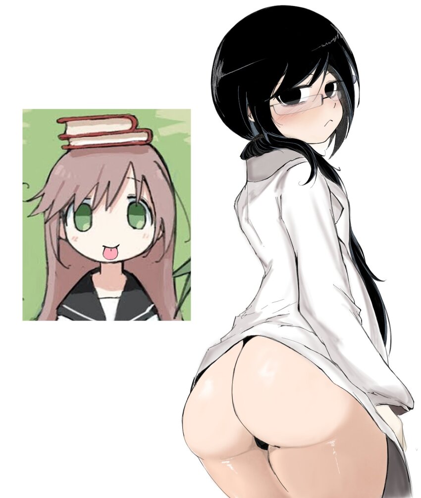 2girls :&lt; arms_at_sides ass black_eyes black_hair blush book book_on_head book_stack brown_hair closed_mouth cowboy_shot glasses green_eyes highres lab_coat long_hair looking_at_viewer looking_back looking_over_shoulder multiple_girls object_on_head sailor_collar school_uniform shimeji_simulation standing swadac30 thick_thighs thighs tongue tongue_out tsukishima_mina tsukishima_shijima&#039;s_sister upper_body white_background yomikawa_(shimeji_simulation)