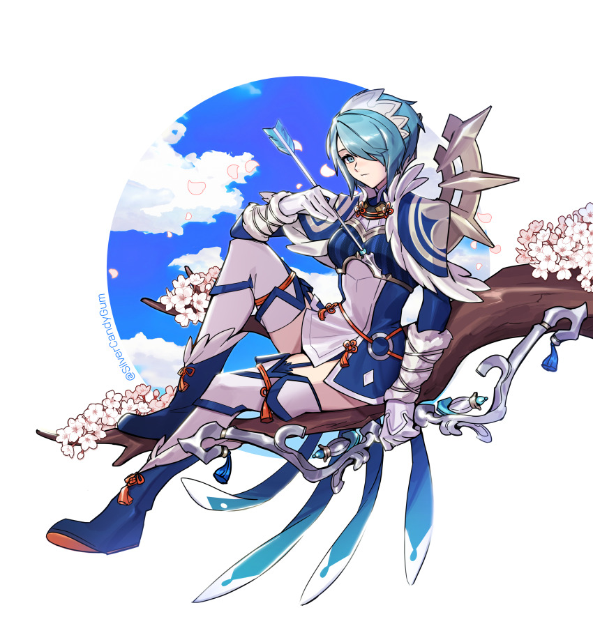 1girl absurdres alternate_costume arrow_(projectile) boots bow_(weapon) commission fire_emblem fire_emblem_fates hair_over_one_eye highres holding holding_arrow holding_bow_(weapon) holding_weapon japanese_clothes long_bangs looking_at_viewer nintendo pixiv_commission setsuna_(fire_emblem) silvercandy_gum sitting_on_branch thigh_boots weapon
