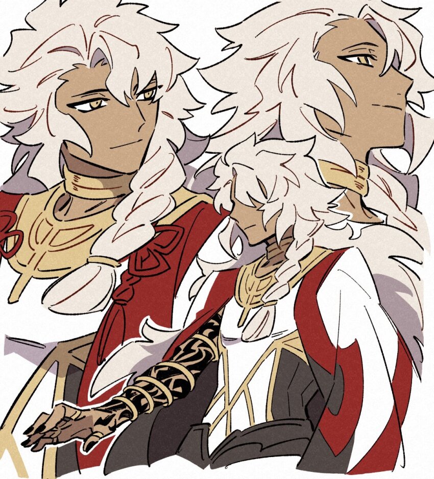 1boy arm_tattoo bracelet braid closed_mouth dark-skinned_male dark_skin fate/grand_order fate_(series) flower_knot hair_between_eyes hair_over_shoulder hand_tattoo highres jewelry kuhu1212 long_hair looking_ahead looking_up male_focus multiple_rings multiple_views neck_ring outline ring side_braid simple_background single_braid smile solomon_(fate) tattoo thumb_ring upper_body very_long_hair white_background white_hair white_outline