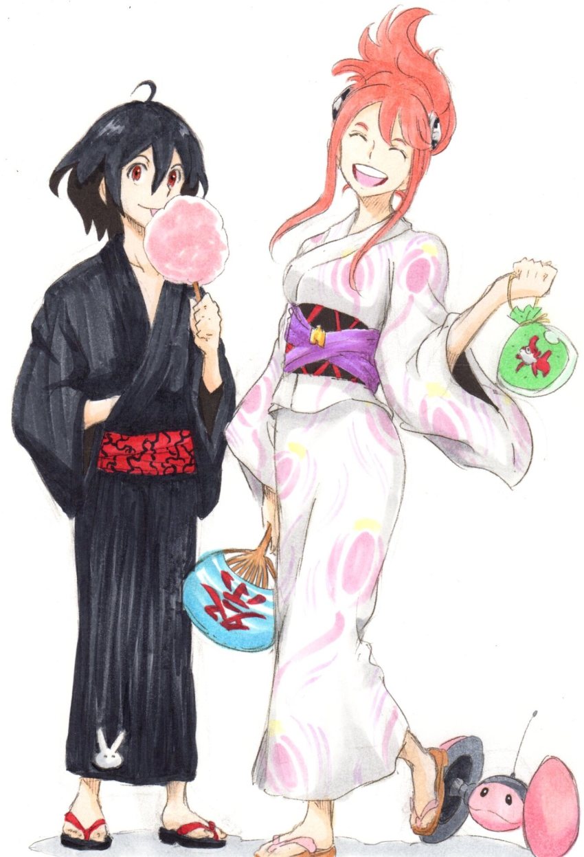 1boy 1girl ^_^ aida_rayhunton barefoot_sandals_(jewelry) bellri_zenam black_hair black_kimono chuchumy closed_eyes cotton_candy gundam gundam_g_no_reconguista hair_between_eyes hand_fan head_tilt highres holding holding_cotton_candy holding_fan holding_food japanese_clothes kimono nobell oota_tamon open_mouth pink_hair robot tongue tongue_out traditional_media white_background white_kimono