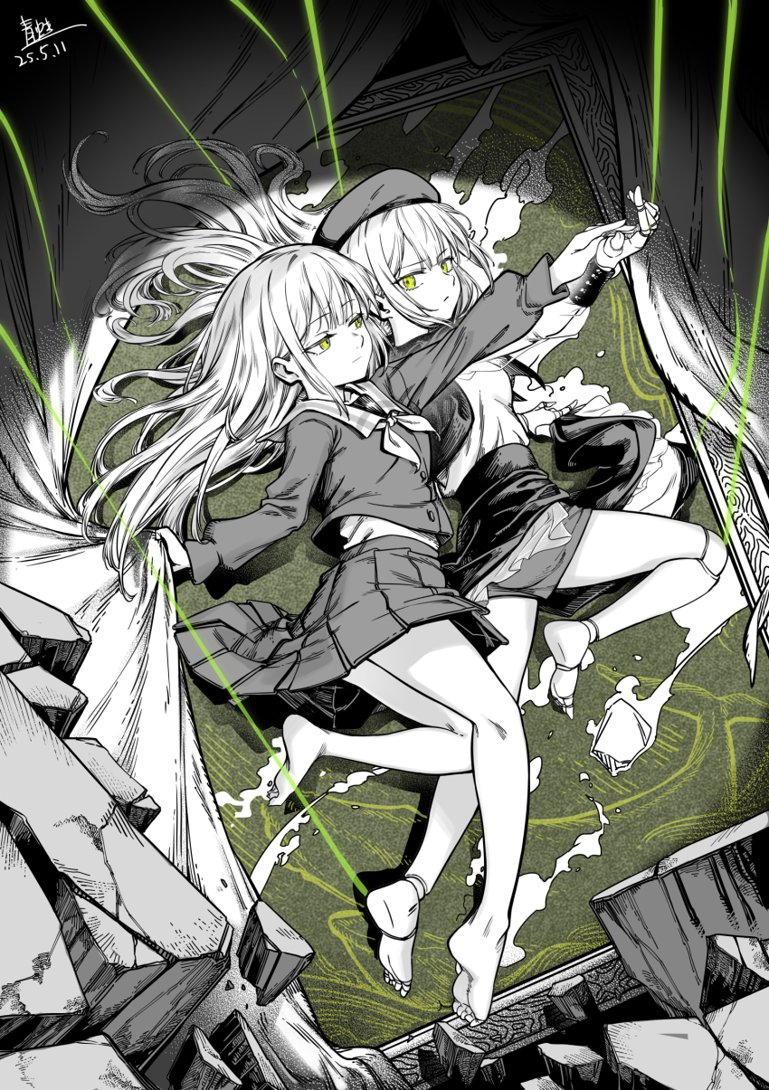 2girls artist_name bang_dream! bang_dream!_it&#039;s_mygo!!!!! barefoot beret black_overskirt black_sleeve_cuffs chinese_commentary commentary_request curtains dated debris doll_joints dual_persona floating floating_clothes floating_hair from_side full_body greyscale hand_on_another&#039;s_hand hat highres curtain_grab joints long_hair long_sleeves looking_at_another looking_to_the_side miniskirt monochrome mortis_(bang_dream!) mortis_(costume)_(bang_dream!) mortis_(persona)_(bang_dream!) multiple_girls neckerchief outstretched_arms overskirt picture_frame pleated_skirt puppet_strings qingwa_chi_she sailor_collar school_uniform searchlight see-through_clothes see-through_sleeves serafuku shirt shorts side-by-side sidelocks skirt spot_color tsukinomori_school_uniform wakaba_mutsumi yellow_eyes