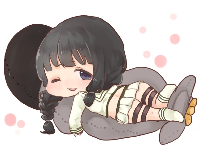 black_eyes black_hair blunt_bangs braid chibi hair_ribbon highres hugging_doll hugging_object kantai_collection kitakami_(kancolle) kitakami_kai_ni_(kancolle) kobone long_hair lying midriff on_stomach one_eye_closed pleated_skirt ribbon sailor_collar school_uniform serafuku shirt sidelocks single_braid skirt stuffed_toy torpedo tress_ribbon white_sailor_collar white_shirt white_skirt