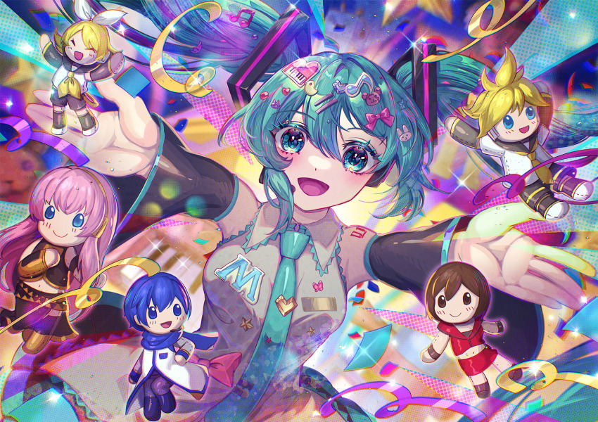 2boys 4girls :d aqua_eyes aqua_hair aqua_necktie arm_tattoo bear_hair_ornament black_dress black_sailor_collar black_sleeves blonde_hair blue_hair blue_scarf blush bow breasts brown_footwear brown_hair character_doll closed_eyes coat collared_shirt colorful confetti crop_top detached_sleeves dot_nose dress duck_hair_ornament eyelashes fortissimo grey_shirt hair_between_eyes hair_bow hair_ornament hair_ribbon hairclip hatsune_miku heart heart_hair_ornament highres initial kagamine_len kagamine_rin kaito_(vocaloid) kozou_kazaru long_hair long_sleeves looking_at_viewer megurine_luka meiko_(vocaloid) multiple_boys multiple_girls musical_note musical_note_hair_ornament navel neckerchief necktie number_tattoo open_mouth piano_hair_ornament pink_bow pink_hair rabbit_hair_ornament red_skirt ribbon sailor_collar scarf shirt skirt sleeveless sleeveless_shirt smile solo_focus spiked_hair streamers stuffed_toy tattoo tie_clip tongue twintails very_long_hair vocaloid white_coat white_ribbon white_shirt yellow_neckerchief yellow_sleeves