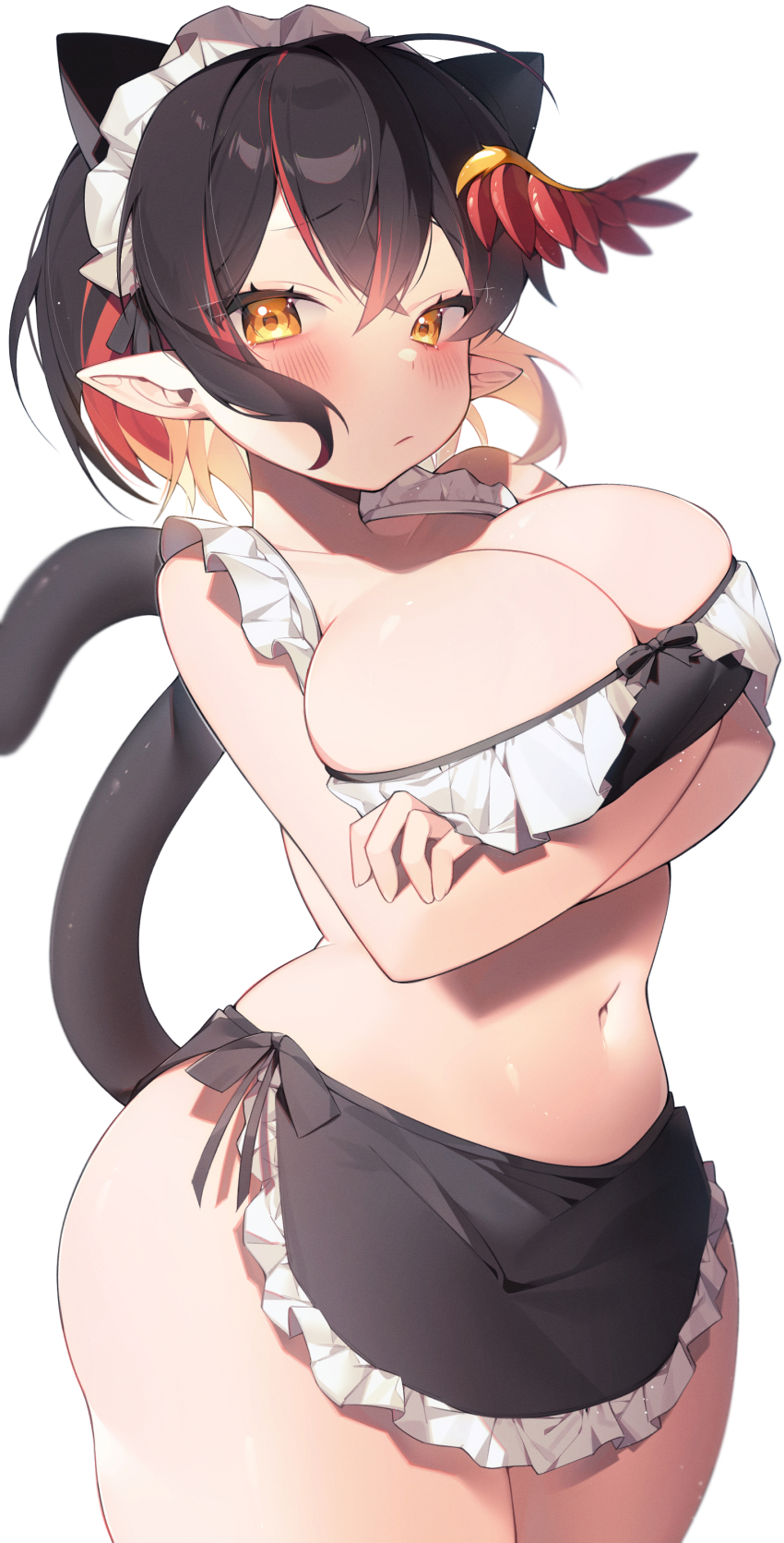 1girl :/ absurdres animal_ears arms_under_breasts bare_arms bikini bikini_skirt black_bikini black_hair black_tail blonde_hair blush breasts cat_ears cat_girl cat_tail cleavage closed_mouth collarbone commission cowboy_shot crossed_bangs curvy eyelashes frilled_bikini frills furrowed_brow hair_between_eyes hair_ornament highres large_breasts looking_at_viewer maid maid_bikini maid_headdress multicolored_hair navel original pointy_ears red_hair sen_light short_hair side-tie_bikini_bottom sidelocks simple_background solo streaked_hair swimsuit tail tail_raised thick_thighs thighs unconventional_maid white_background wide_hips wing_hair_ornament yellow_eyes