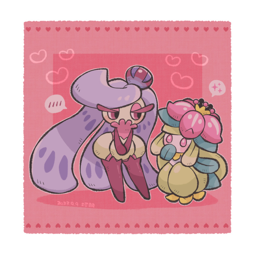 alternate_color border bright_pupils dated full_body gen_5_pokemon gen_7_pokemon hand_to_own_mouth heart karin_(100100) lilligant looking_at_another nintendo pink_eyes pokemon pokemon_(creature) shiny_pokemon signature speech_bubble spoken_blush spoken_sparkle tsareena white_border white_pupils