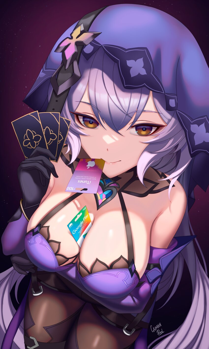 1girl absurdres apple_inc. bare_shoulders between_breasts black_gloves black_swan_(honkai:_star_rail) breasts brown_eyes brown_pantyhose caiman_pool elbow_gloves gift_card gloves google google_play hand_up highres honkai:_star_rail honkai_(series) itunes itunes_card large_breasts long_hair looking_at_viewer mouth_hold pantyhose purple_hair smile solo veil very_long_hair