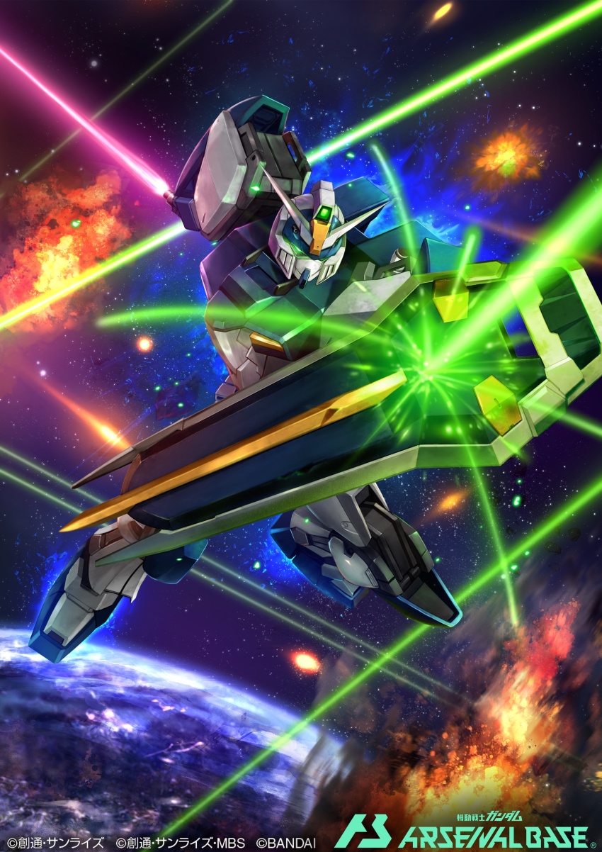 absurdres energy_sword duel_gundam earth_(planet) explosion flying green_eyes gundam gundam_arsenal_base gundam_seed highres holding holding_shield holding_sword holding_weapon kenko_(a143016) mecha mobile_suit no_humans official_art planet robot science_fiction shield solo space sword weapon