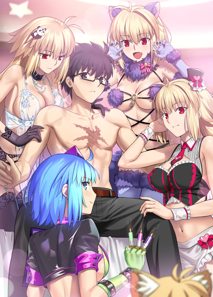 1boy 5girls absurdres ahoge archetype_earth arcueid_brunestud bare_shoulders besmiled black_eyes black_hair blonde_hair blue_eyes blue_hair blush breasts c.i.e.l_(fate) ciel_(tsukihime) cleavage commission fate/grand_order fate_(series) glasses highres large_breasts long_hair looking_at_viewer melty_blood multiple_girls multiple_persona pixiv_commission red_eyes scar scar_on_chest short_hair star_ciel_(fate) thighs tohno_shiki tsukihime very_long_hair