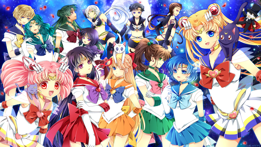 1990s_(style) 1boy 6+girls aino_minako animal animal_on_head animal_on_shoulder aqua_hair artemis_(sailor_moon) bishoujo_senshi_sailor_moon bishoujo_senshi_sailor_moon_s bishoujo_senshi_sailor_moon_sailor_stars bishoujo_senshi_sailor_moon_stars bishoujo_senshi_sailor_moon_supers black_hair blonde_hair blue_bow blue_eyes blue_hair blue_sailor_collar blue_skirt bow brooch brown_hair cat cat_on_head cat_on_shoulder chiba_mamoru chibi chibi_usa choker cone_hair_bun crescent crescent_facial_mark dark_skin diana_(sailor_moon) double_bun elbow_gloves everyone facial_mark full_moon gloves green_eyes green_hair green_skirt hair_bobbles hair_bow hair_bun hair_ornament hairpin hat heart heart_brooch high_ponytail highres hino_rei jewelry kaiou_michiru kairi_(oro-n) kino_makoto long_hair luna_(sailor_moon) magical_girl mask meiou_setsuna mizuno_ami moon multicolored_skirt multiple_girls on_head one_eye_closed orange_skirt pink_bow pink_hair pleated_skirt ponytail purple_bow purple_eyes red_bow red_eyes red_skirt retro_artstyle ribbon sailor_chibi_moon sailor_collar sailor_jupiter sailor_mars sailor_mercury sailor_moon sailor_neptune sailor_pluto sailor_saturn sailor_senshi sailor_star_fighter sailor_star_healer sailor_star_maker sailor_uranus sailor_venus seiya_kou short_hair short_shorts shorts single_hair_bun skirt smile super_sailor_chibi_moon super_sailor_jupiter super_sailor_mars super_sailor_mercury super_sailor_moon super_sailor_neptune super_sailor_pluto super_sailor_saturn super_sailor_uranus super_sailor_venus taiki_kou ten&#039;ou_haruka tiara tomoe_hotaru top_hat tsukino_usagi tuxedo tuxedo_kamen twintails white_gloves white_hair yaten_kou yellow_bow