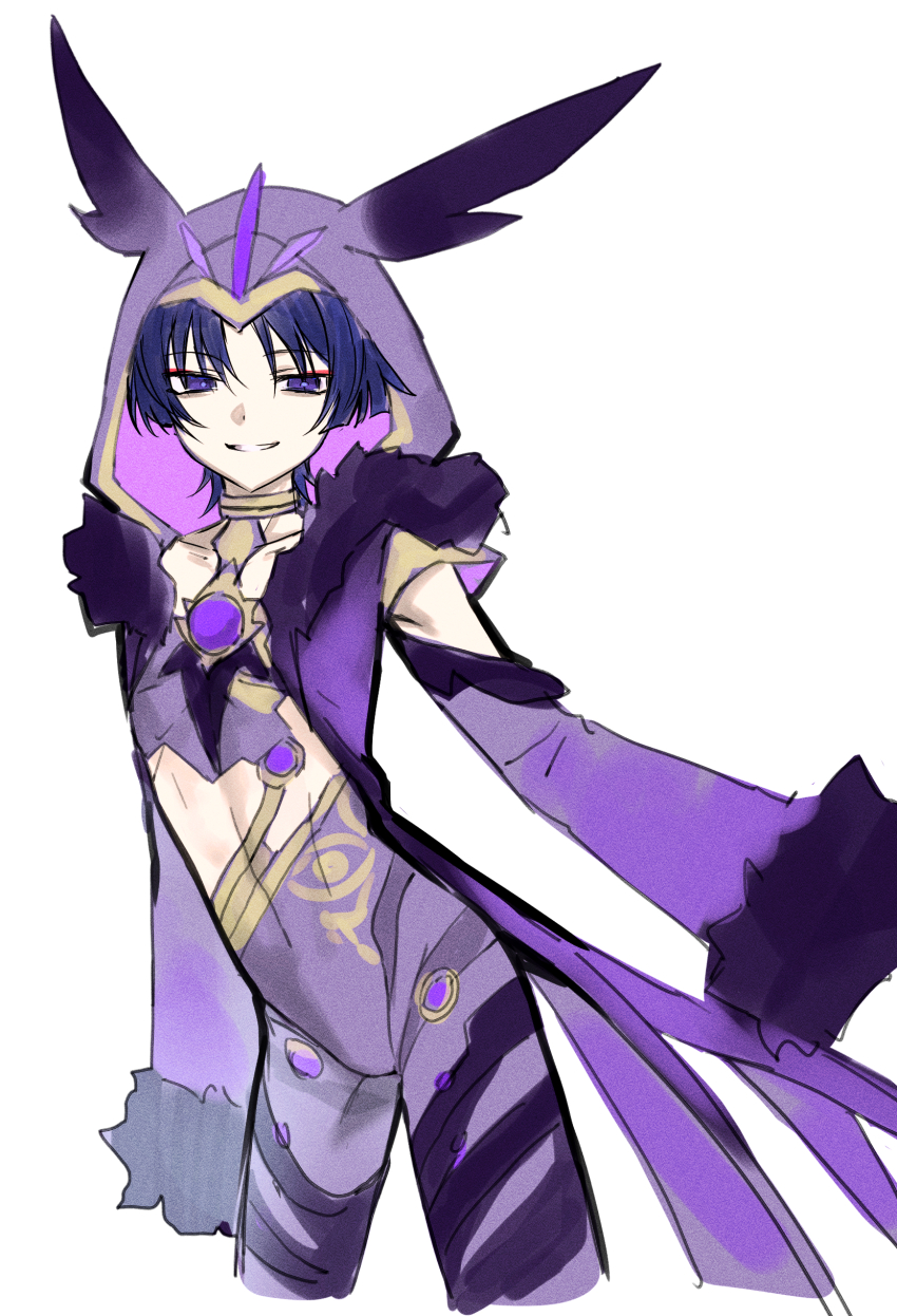 1boy absurdres androgynous animal_ear_hood animal_ears arms_at_sides blunt_ends bright_pupils cicin_mage_(genshin_impact) cloak collarbone cosplay crossdressing crossdressing_(mtf) delusion_(genshin_impact) detached_sleeves electro_cicin_mage_(genshin_impact) electro_cicin_mage_(genshin_impact)_(cosplay) eyeliner eyeshadow fake_animal_ears fur-trimmed_collar fur-trimmed_sleeves fur_collar fur_trim gem genshin_impact gold_trim hag_(hag_015) highres hood hood_up hooded_cloak jewelry leotard looking_at_viewer makeup male_focus midriff_peek neck_ring purple_cloak purple_eyes purple_gemstone purple_hair purple_hood purple_leotard purple_sleeves red_eyeliner red_eyeshadow scaramouche_(genshin_impact) simple_background sleeves_past_wrists smile solo thigh_strap white_background white_mouth white_pupils