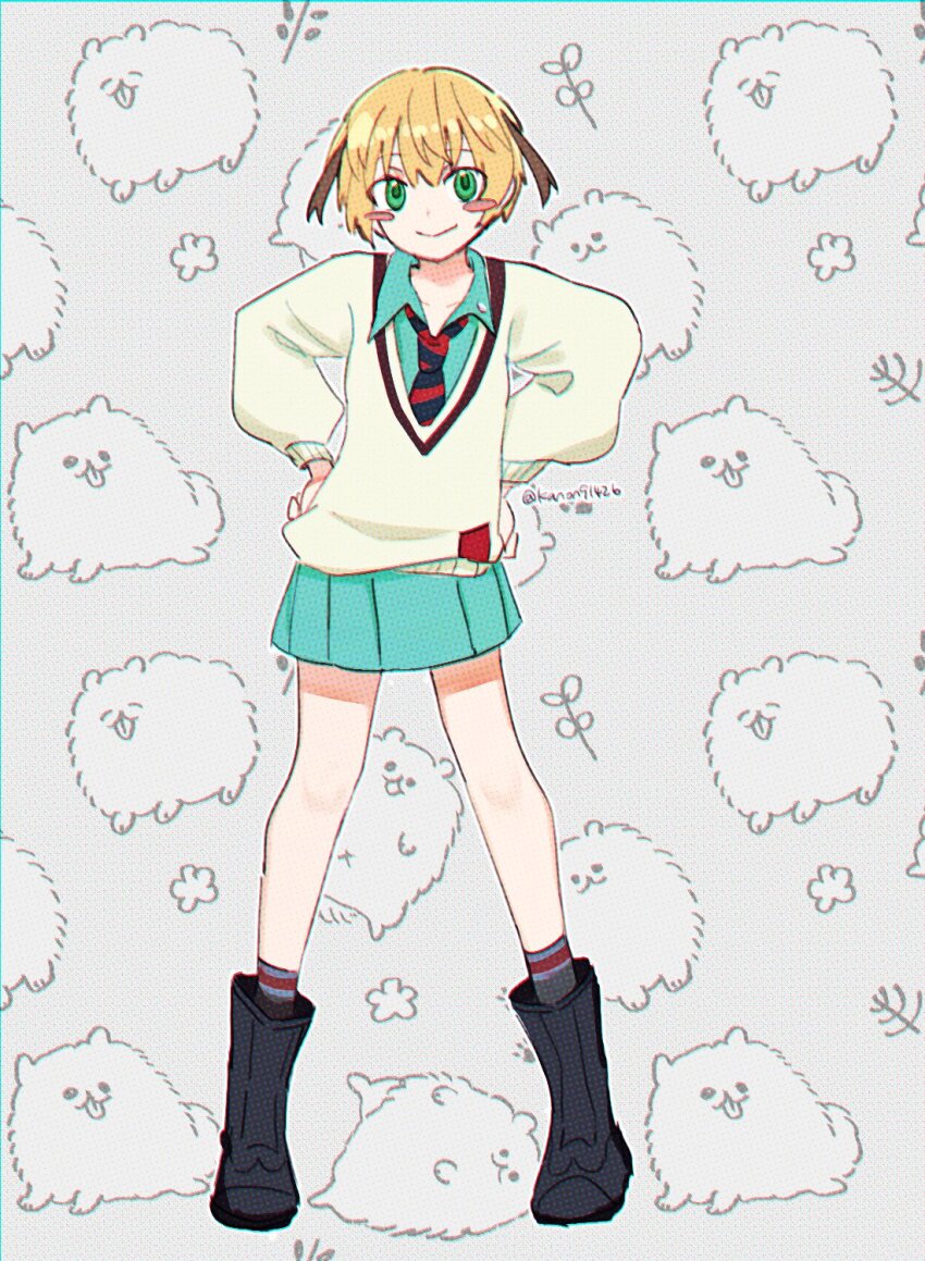 1girl amate_yuzuriha amate_yuzuriha_(cosplay) blonde_hair blush blush_stickers boots brown_hair collared_shirt cosplay dog fate/grand_order fate_(series) feng_cheng_(kanon91426) full_body gareth_(fate) green_eyes grey_background hair_between_eyes hair_flaps hands_on_own_hips highres legs_apart looking_at_viewer multicolored_hair necktie pomeranian_(dog) school_uniform shirt short_hair skirt smile solo standing streaked_hair sweater