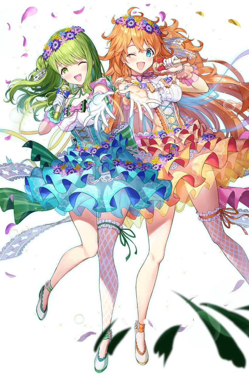 2girls :d absurdres ahoge ankle_strap aqua_dress blue_eyes blue_flower blurry blush bow breasts center_frills collarbone cross-laced_clothes cross-laced_dress crossed_bangs depth_of_field dot_nose dress dress_flower earrings falling_petals fishnet_thighhighs fishnets flats floating_hair flower flower_wreath frilled_gloves frilled_thighhighs frills gloves green_bow green_eyes green_hair green_ribbon halter_dress halterneck hands_up highres holding holding_microphone idol_clothes jewelry knees_together_feet_apart layered_dress long_hair long_sidelocks looking_at_viewer matanonki medium_breasts microphone morinaka_kazaki multiple_girls neck_ribbon nijisanji official_art one_eye_closed open_mouth orange_bow orange_dress orange_hair otogibara_era outstretched_arm petals petit_fleurs_outfit pink_bow pink_flower pink_petals pink_ribbon purple_flower reaching reaching_towards_viewer ribbon second-party_source see-through_skirt_layer shoes short_dress sidelocks single_thighhigh smile sparkle standing standing_on_one_leg swept_bangs thighhighs transparent_background underbust very_long_hair virtual_youtuber white_flower white_gloves white_shoes white_thighhighs wireless_microphone yellow_flower yellow_petals