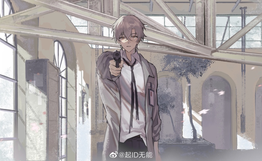 1boy absurdres ameinu coat collared_shirt glasses gun hair_between_eyes handgun highres holding holding_gun holding_weapon indoors looking_at_viewer male_focus necktie open_clothes open_coat original pants shirt short_hair solo watermark weapon weibo_username weibo_watermark window