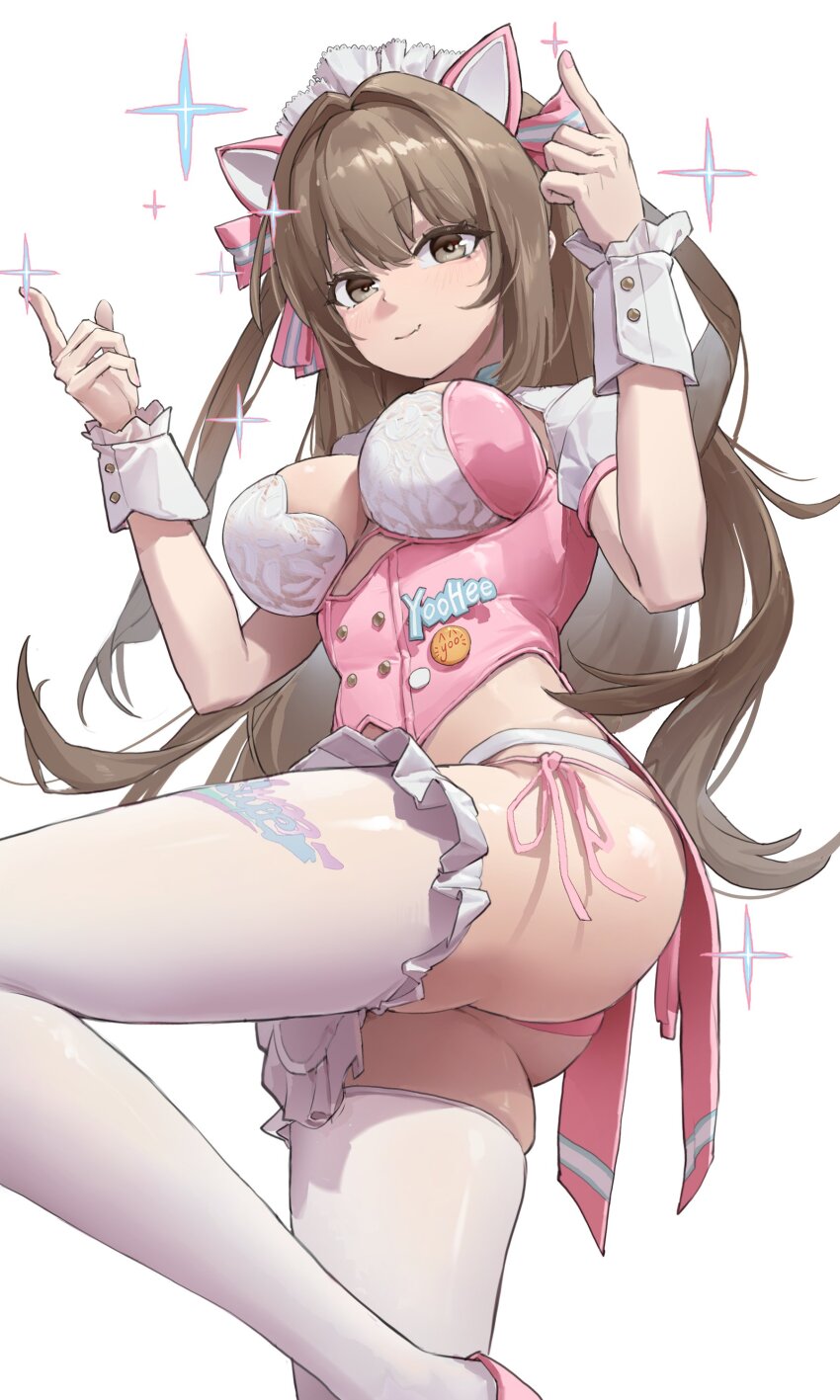 1girl absurdres animal_ears blush breasts brown_eyes brown_hair cat_ears character_name closed_mouth clothes_writing fake_animal_ears frilled_thighhighs frills girls&#039;_frontline girls&#039;_frontline_2:_exilium hashtag-only_commentary highres jimizuai- k2_(girls&#039;_frontline) large_breasts leg_up long_hair looking_at_viewer official_alternate_costume panties pink_panties side-tie_panties simple_background skindentation smile solo sparkle thighhighs underwear white_background white_thighhighs white_wrist_cuffs wrist_cuffs yoohee_(girls&#039;_frontline_2) yoohee_(miracle_sweetheart)_(girls&#039;_frontline_2)