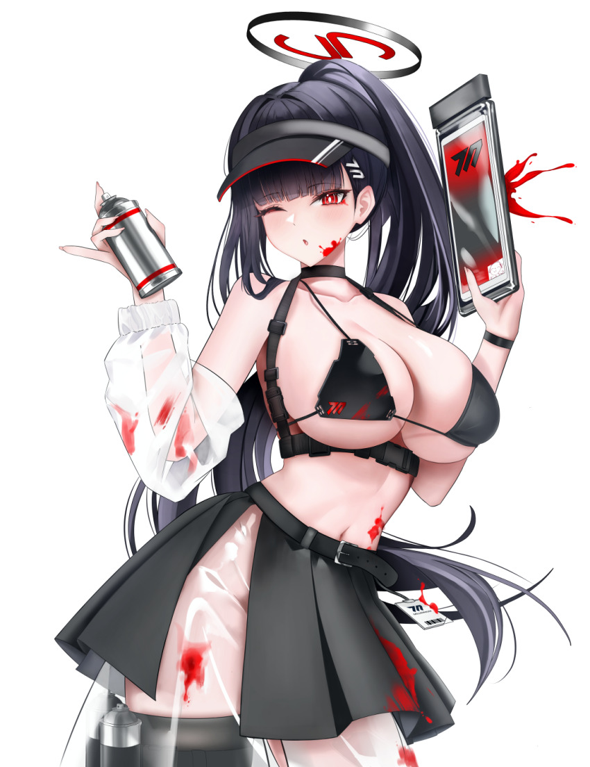 1girl alternate_costume alternate_hairstyle bare_shoulders belt black_belt black_bra black_choker black_hair black_halo black_hat black_skirt black_thighhighs blue_archive blunt_bangs blush bra breasts chest_harness choker cleavage collarbone commentary contrapposto detached_sleeves halo hands_up harness hat hezzu_0 highres holding holding_spray_can holding_tablet_pc id_card large_breasts long_hair looking_at_viewer millennium_science_school_logo navel one_eye_closed open_mouth paint_on_body paint_on_clothes paint_splatter paint_splatter_on_face pleated_skirt red_eyes rio_(blue_archive) see-through_clothes see-through_sleeves sideboob simple_background single_detached_sleeve skirt solo spray_can standing strap string_bra tablet_pc thighhighs underboob underwear very_long_hair visor_cap white_background wristband