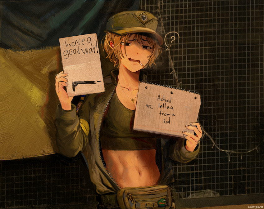 1girl ? abs armband azov_battalion battle blonde_hair breasts cigarette coat_of_arms collarbone confused cross cross_necklace fang green_jacket green_tank_top hat highres holding holding_notebook insignia jacket jewelry marichka military military_combat_uniform military_uniform morale_patch necklace notebook open_clothes open_jacket original patch peaked_cap pepe_the_frog russo-ukrainian_war short_hair skin_fang smoking sweatdrop tank_top tomboy trench tryzub ukraine ukrainian_flag ukrainian_ground_forces underground unzipped usergore war yellow_armband