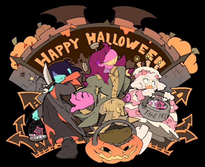 1boy 1girl 1other absurdres birdcage blue_skin cage cake_costume candy colored_skin cosplay deltarune english_text food frankenstein&#039;s_monster frankenstein&#039;s_monster_(cosplay) goat_boy hair_over_eyes halloween halloween_bucket halloween_costume happy_halloween highres jack-o&#039;-lantern jacket knife kris_(dark_world)_(deltarune) kris_(deltarune) official_art pumpkin purple_hair purple_skin ralsei second-party_source sharp_teeth susie_(dark_world)_(deltarune) susie_(deltarune) teeth temmie_chang vampire_costume