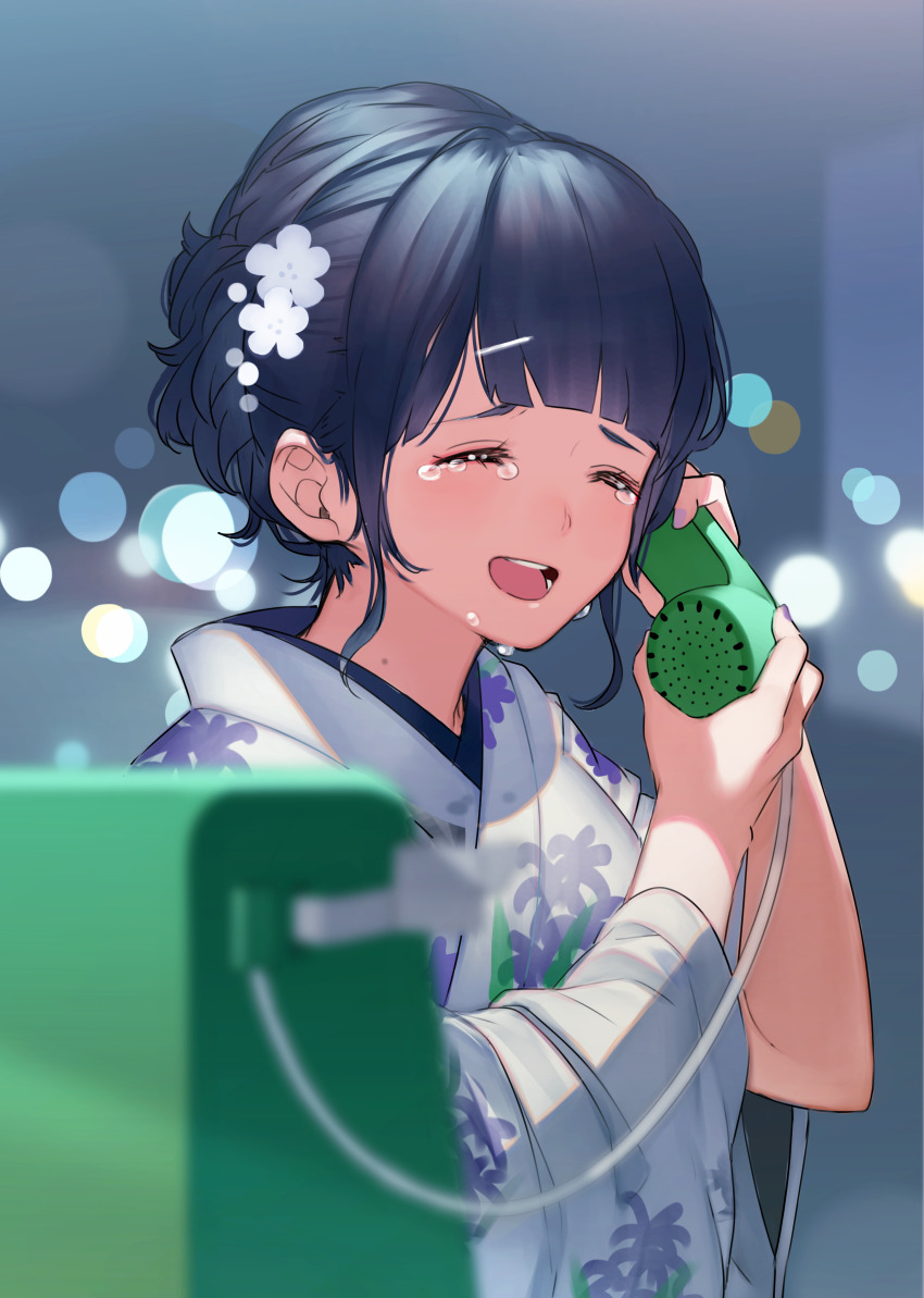 1girl absurdres black_hair closed_eyes commentary_request corded_phone crying female_focus hair_ornament highres holding holding_phone japanese_clothes kimono nail_polish original payphone phone phone_booth sobbing solo talking_on_phone tears yoshihiro_(yoshihiro12190) yukata
