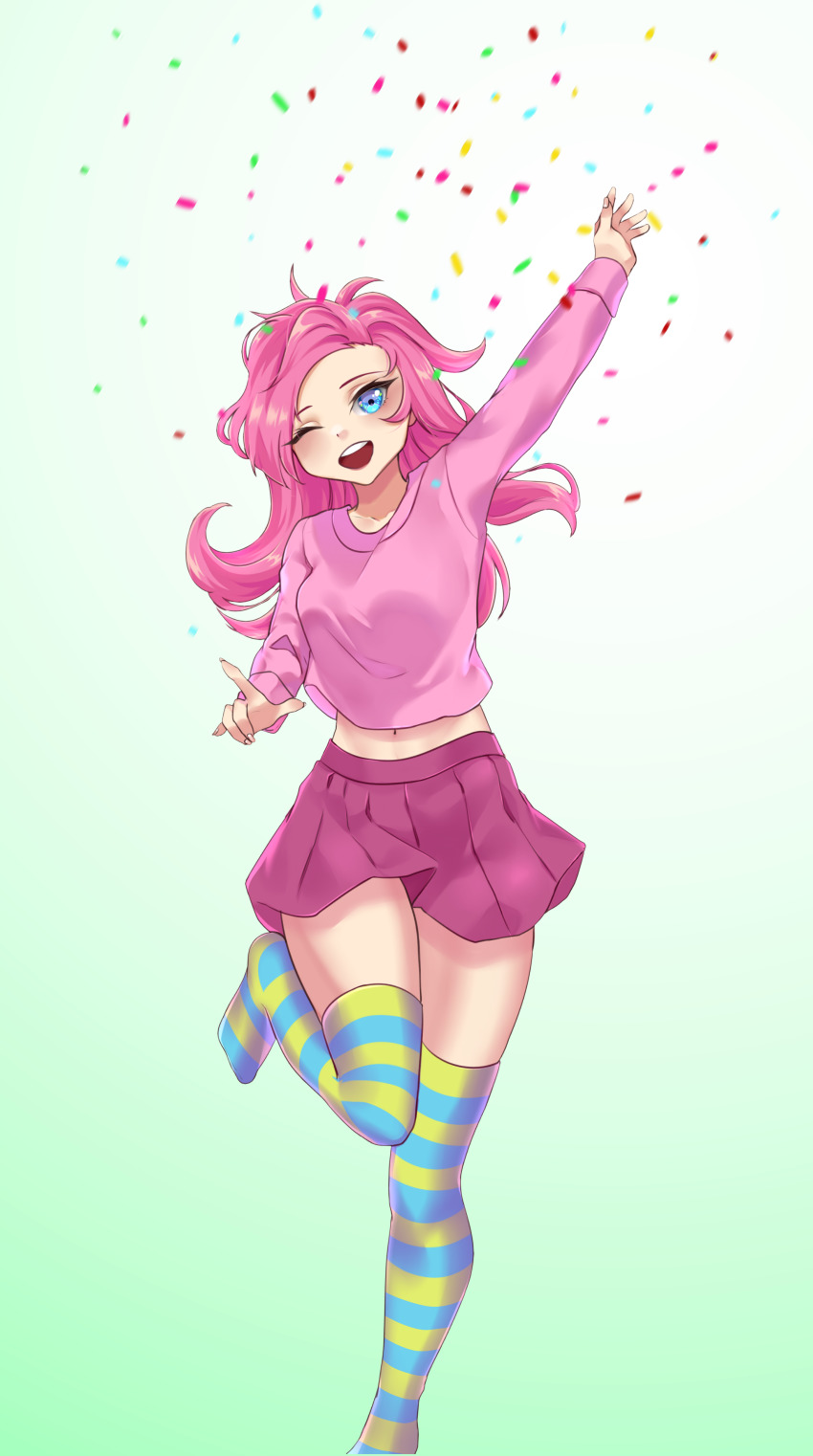 1girl ;d absurdres blue_eyes blush breasts chuuumi confetti green_background highres long_hair long_sleeves looking_at_viewer medium_breasts midriff_peek miniskirt navel one_eye_closed open_mouth party_girl_(terraria) pink_hair pink_shirt pink_skirt shirt simple_background skirt smile solo standing standing_on_one_leg striped_clothes striped_thighhighs teeth terraria thighhighs upper_teeth_only white_background