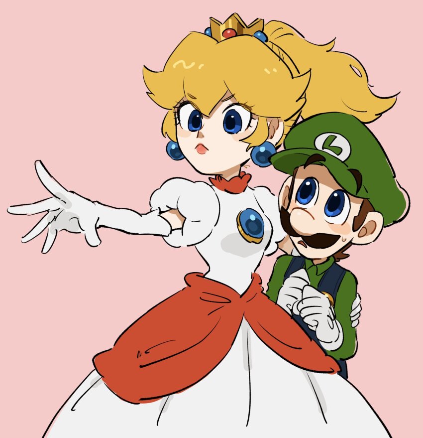 1boy 1girl blonde_hair blue_eyes crown dress earrings elbow_gloves facial_hair fire_peach gloves highres jewelry long_hair looking_at_viewer luigi mario_(series) mimimi_(mimimim9999) mustache nintendo ponytail princess_peach puffy_short_sleeves puffy_sleeves short_sleeves smile sphere_earrings super_mario_3d_world white_dress white_gloves