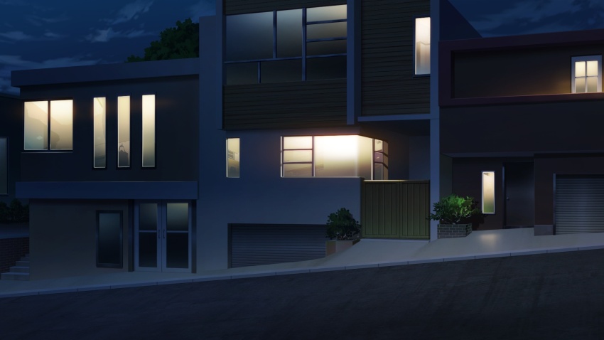 brick_wall bush cloud cloudy_sky dark dim_lighting fence garage highres house night no_humans non-web_source official_art our_life:_beginnings_and_always outdoors plant potted_plant road scenery sky stairs variant_set window wooden_wall