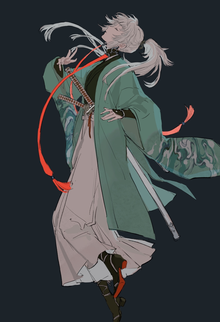 absurdres aqua_kimono armor closed_eyes earrings fate/samurai_remnant fate_(series) fighting_stance hakama haori highres japanese_armor japanese_clothes jewelry katana kimono kote long_hair mimulishizi ponytail ready_to_draw sheath sheathed sidelocks simple_background sword tassel tassel_earrings weapon white_hair white_hakama yui_shousetsu_(fate)