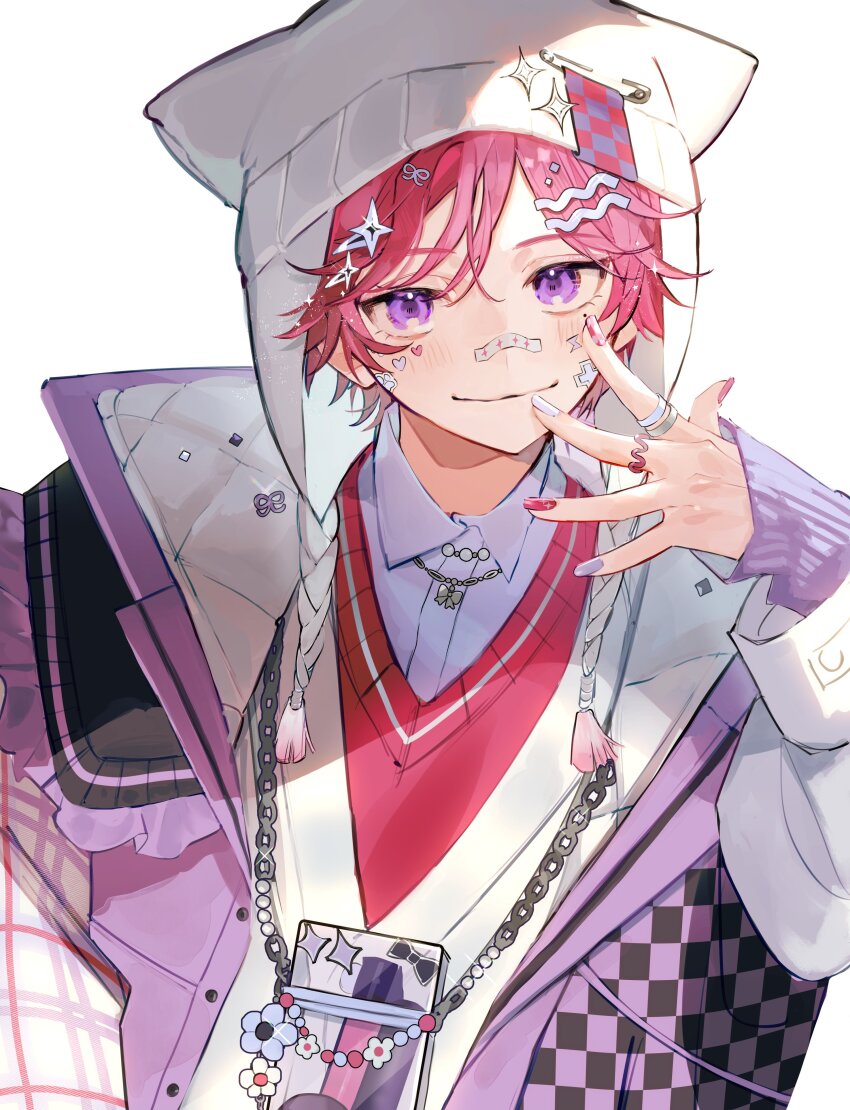 1boy absurdres blush chloe_collins closed_mouth collared_shirt eyelashes fingernails hair_ornament hairclip hairpin hat highres jacket jewelry long_sleeves looking_at_viewer male_focus multiple_rings nail_polish necklace original pink_hair pink_sweater_vest purple_eyes ring safety_pin shirt simple_background smile solo sticker sticker_on_face sweater_vest u-sama_(u_summer0719) upper_body white_background white_shirt