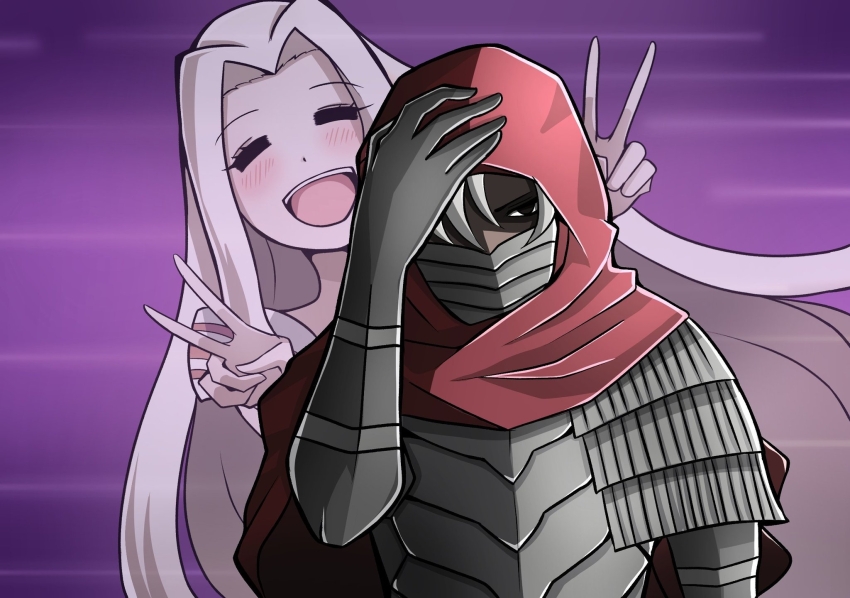 1boy 1girl =_= black_gloves blonde_hair chikiji_(chickchickjo) closed_eyes commentary_request dark-skinned_male dark_skin double_v elbow_gloves emiya_kiritsugu emiya_kiritsugu_(assassin) fate/grand_order fate_(series) gloves grey_hair highres irisviel_von_einzbern purple_background red_hood v