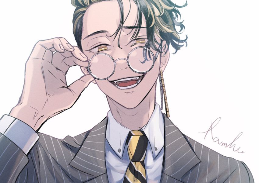 1boy :d adjusting_eyewear artist_name black_hair black_necktie blonde_hair bright_pupils collared_shirt commentary_request diagonal-striped_clothes diagonal-striped_necktie earrings fangs glasses grey_jacket hair_between_eyes hand_up hanma_shuuji highres jacket jewelry lapels long_sleeves looking_at_viewer male_focus multicolored_hair necktie open_mouth pinstripe_jacket pinstripe_pattern ramfu round_eyewear shirt short_hair signature simple_background single_earring smile solo streaked_hair striped_clothes striped_necktie teeth tokyo_revengers tongue upper_body white_background white_pupils white_shirt wing_collar yellow_eyes yellow_necktie
