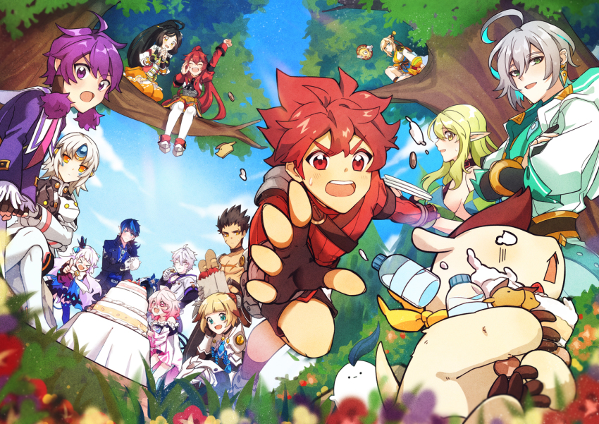 6+boys 6+girls add_(elsword) ahoge ainchase_ishmael aisha_landar ara_haan armor black_hair black_jacket blonde_hair blue_dress blue_eyes blue_shirt blue_sky breasts cake chung_seiker ciel_(elsword) crown dress earrings elesis_(elsword) elf elsword elsword_(character) eve_(elsword) food gloves green_eyes green_hair grey_hair hair_tubes high_ponytail jacket jewelry laby_(elsword) long_hair long_sleeves luciela_r._sourcream mini_crown multiple_boys multiple_girls open_mouth orange_eyes pink_eyes pink_hair pointy_ears ponytail purple_eyes purple_hair purple_jacket raven_cronwell reaching reaching_towards_another red_eyes red_hair red_shirt rena_erindel rose_(elsword) sasa_(sa1008va) scar scar_on_chest shirt short_hair sideboob sitting_on_branch skirt sky thighhighs tree white_hair white_jacket white_thighhighs