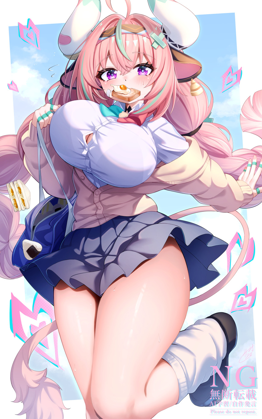 1girl absurdres ahoge animal_ears aqua_bow aqua_bowtie aqua_hair aqua_hairband bag bandaid bandaid_on_cheek bandaid_on_face bandaid_on_horn bell bell_earrings black_hairband black_shoes blue_bag blue_skirt blue_sky blush bow bowtie braid bread bread_slice breasts button_gap cardigan cloud cloudy_sky cow_ears cow_girl cow_horns cow_tail cowbell curvy day earrings flying_sweatdrops food food_in_mouth fried_egg genshin_impact hairband heart highres horns huge_breasts jewelry large_breasts leg_warmers loafers long_hair long_sleeves looking_at_viewer mouth_hold multicolored_hair multicolored_hairband onigiri pink_bandaid pink_bow pink_bowtie pink_hair pink_hairband purple_eyes shirt shoes shoulder_bag signature single_earring skirt sky solo streaked_hair sweat tail takemura_kou thick_thighs thighs toast toast_in_mouth twin_braids twintails two-tone_bow two-tone_bowtie two-tone_hair varesa_(genshin_impact) white_horns white_leg_warmers white_shirt yellow_cardigan